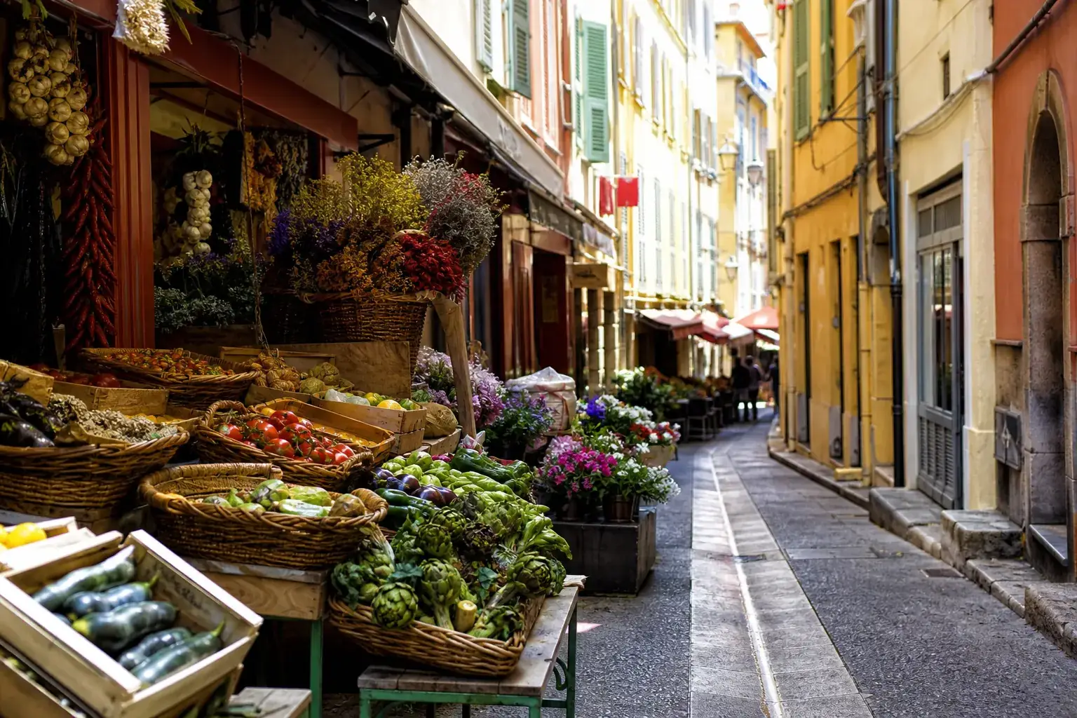 Ruelle étroite du Vieux-Nice animée par les étals du marché